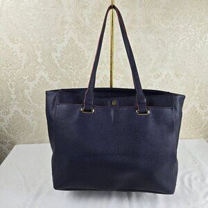 Tommy Hilfiger Navy Blue Double Handle Tote Bag Red Accents Faux Leather